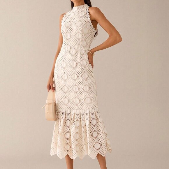 Apricot Elegant Women's Sleeveless Crochet Lace Midi Dress - Picture 5 of 8